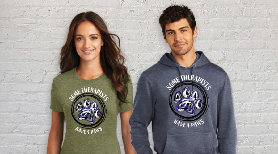 Beneath the Badge tshirt in green and sweatshirt in blue reading "Some Therapists Have 4 Paws"